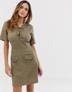 Asos Design Lace Up Utility Mini Shirt Dress-green