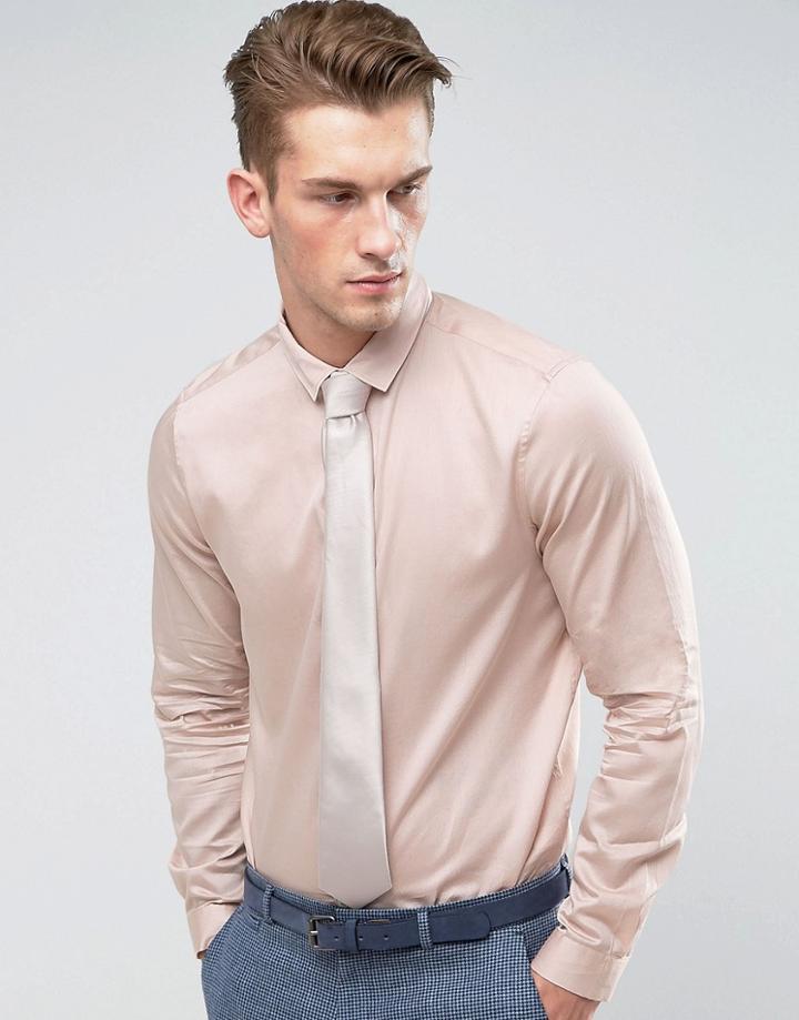 Asos Wedding Regular Fit Premium Sateen Shirt With Shell Buttons In Pink - Pink