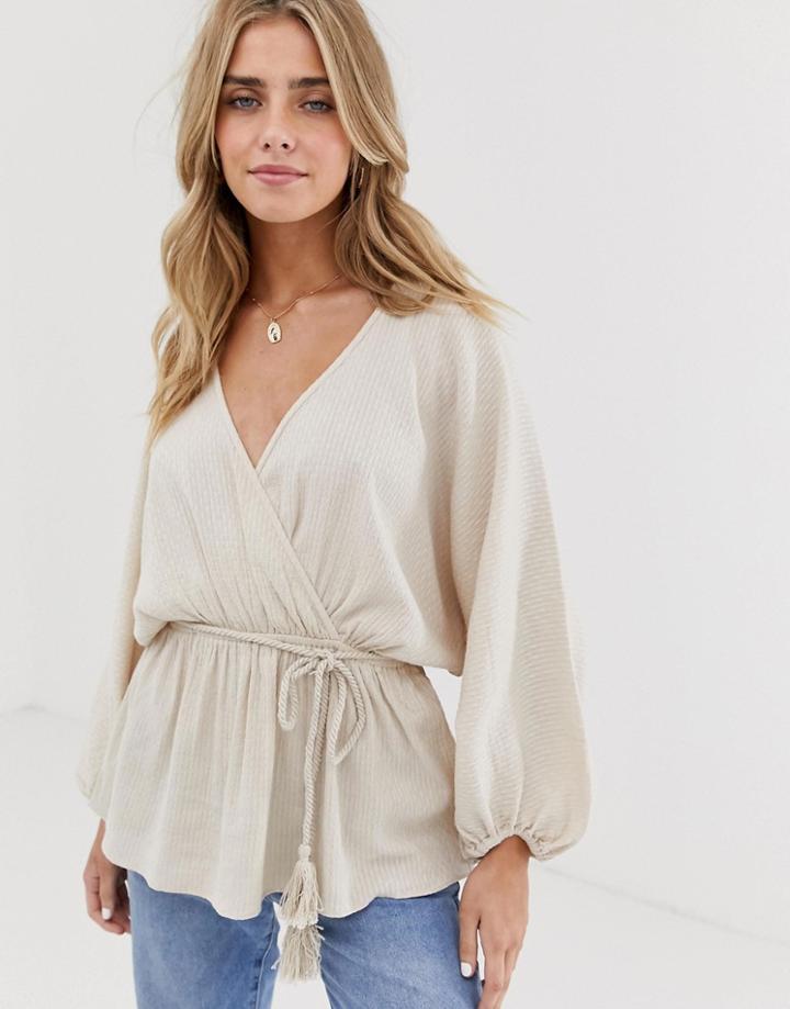 Asos Design Long Sleeve Textured Wrap Top With Rope Tie In Cotton-stone