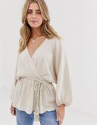 Asos Design Long Sleeve Textured Wrap Top With Rope Tie In Cotton-stone