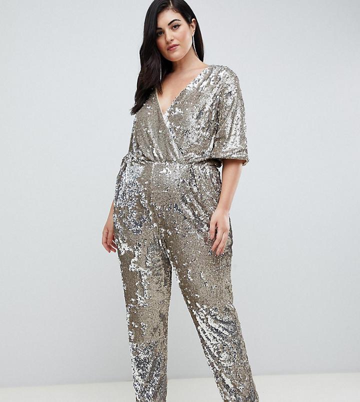 Tfnc Plus Sequin Wrap Front Jumpsuit In Multi Silver - Silver