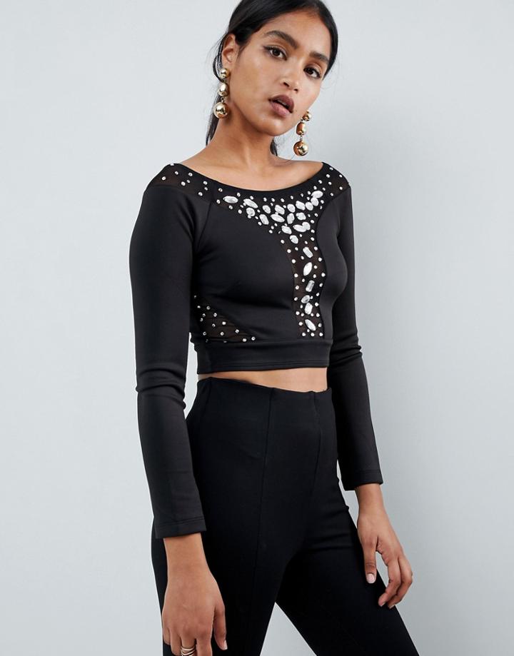 Asos Design Mesh Scuba Top With Embellishment In Black - Black