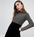 Monki Stripe Jersey Top In Gold And Silver