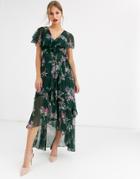 Asos Design Cape Back Dipped Hem Maxi Dress In Garden Bouquet Print-multi