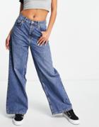 Topshop Low Rise Boyfriend Jeans In Mid Blue-blues