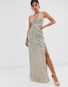Tfnc Petite Bridesmaid Exclusive High Neck Pleated Maxi Dress In Taupe-beige