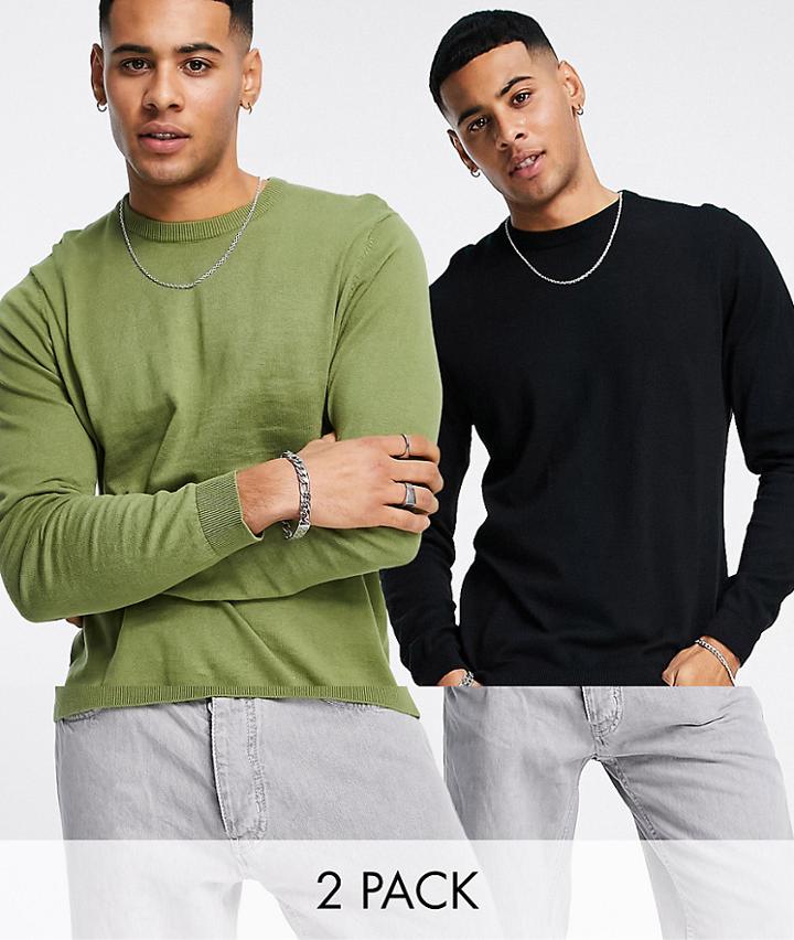 Asos Design 2 Pack Knitted Cotton Crew Neck Sweater In Black & Khaki Save-multi
