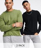 Asos Design 2 Pack Knitted Cotton Crew Neck Sweater In Black & Khaki Save-multi