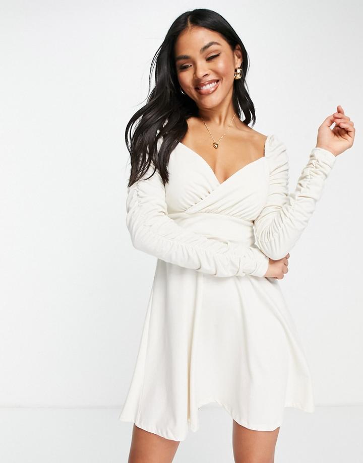 Na-kd Draped Detail Long Sleeve Dress In White - White