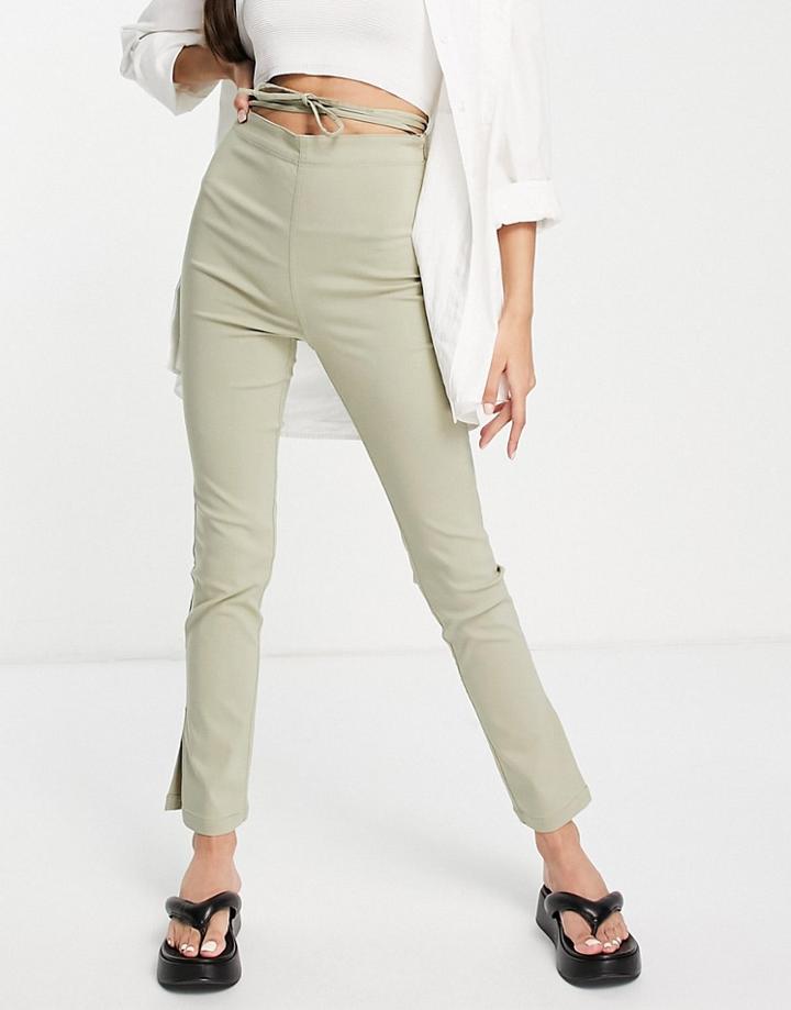 Asos Design Bengaline Slit Hem Tie Waist Pants In Sage Green