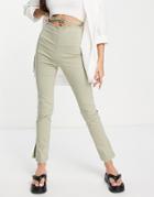 Asos Design Bengaline Slit Hem Tie Waist Pants In Sage Green