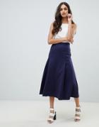 Asos Design Longer Length Midi Prom Skirt In Scuba With Pleat Detail - Navy