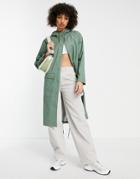 Topshop Mid Length Rain Jacket With Hood In Sage-green