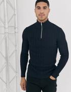 Asos Design Muscle Fit Cable Half Zip Sweater In Navy