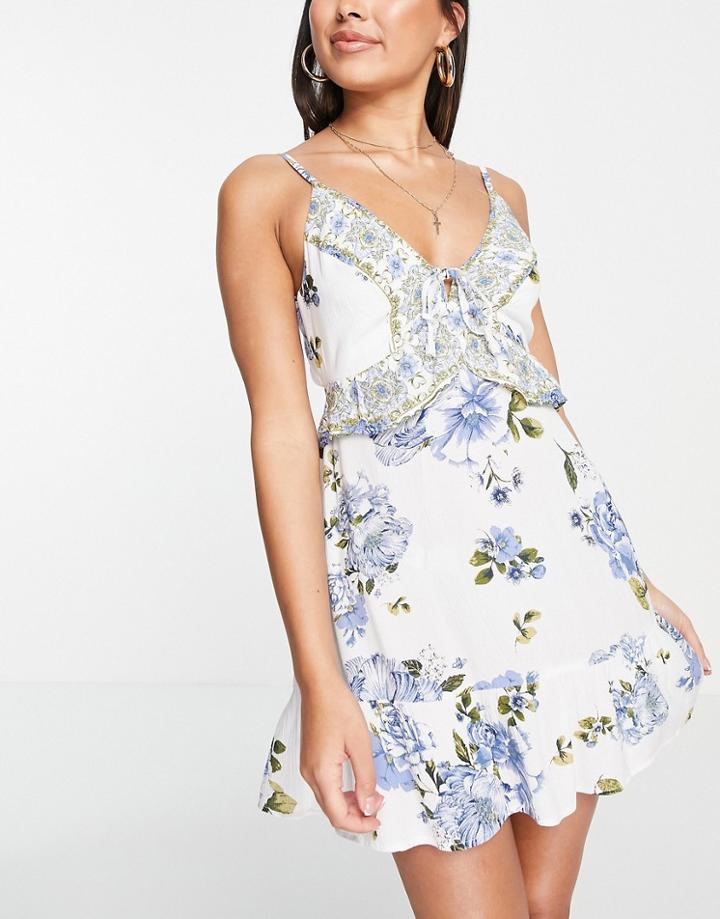 River Island Floral Frill Mini Beach Dress In White