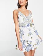 River Island Floral Frill Mini Beach Dress In White