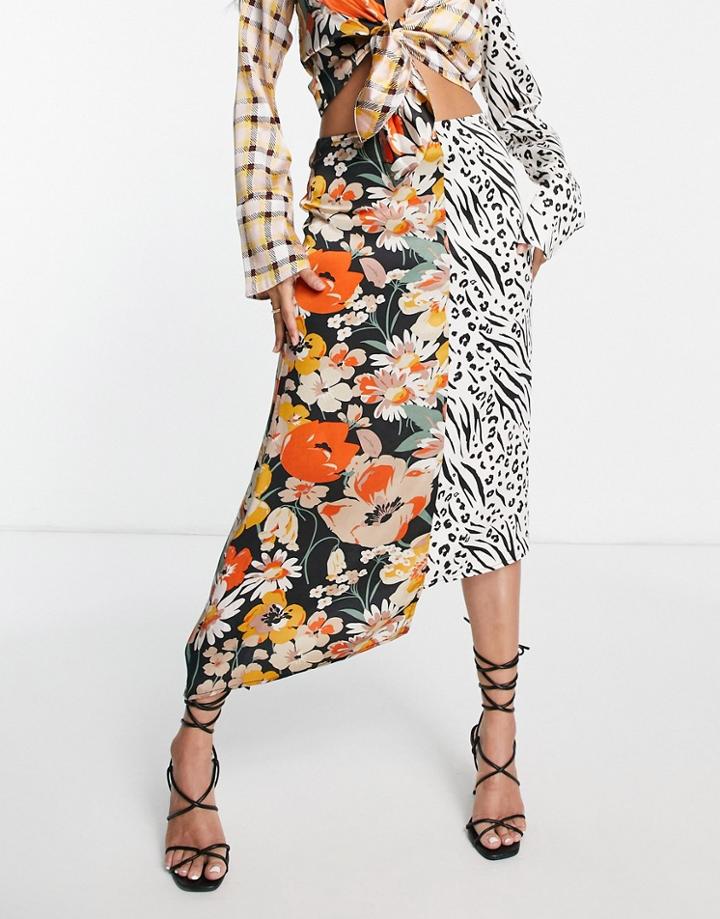 Asos Design Satin Midi Skirt In Spliced Print-multi