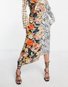 Asos Design Satin Midi Skirt In Spliced Print-multi