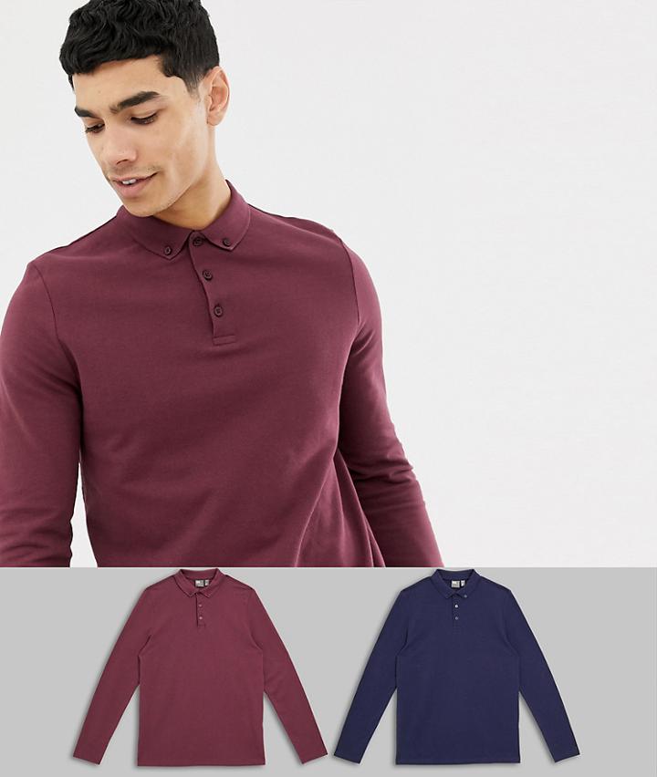 Asos Design Long Sleeve Pique Polo With Button Down Collar 2 Pack Save - Multi