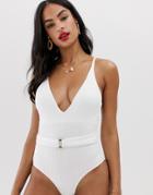 Vero Moda Texture Plunge High Leg Swimsuit-white