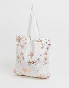 Asos Design Large Cotton Beach Tote Bag In Rose Gold Starfish Print - Multi