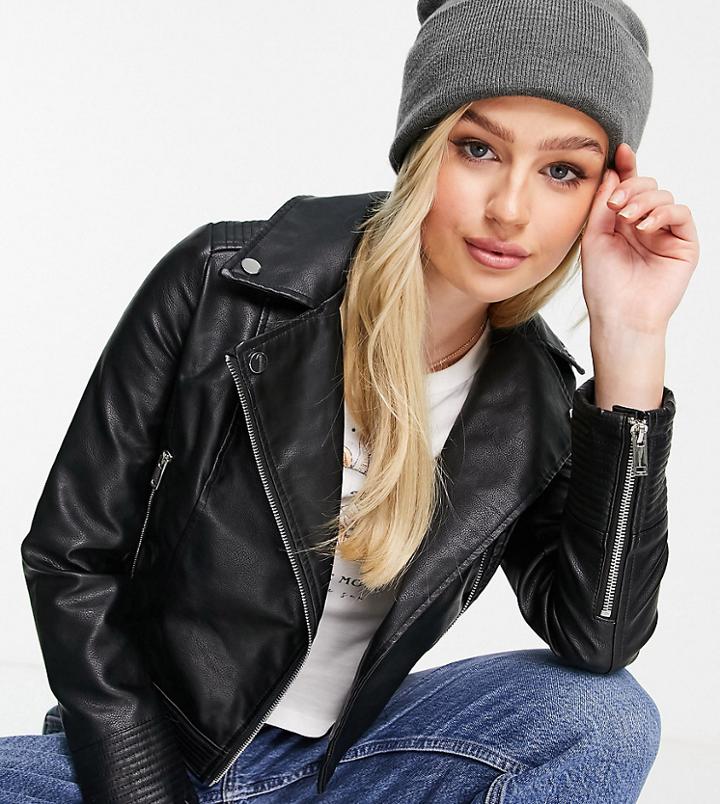 Miss Selfridge Petite Faux Leather Biker Jacket In Black