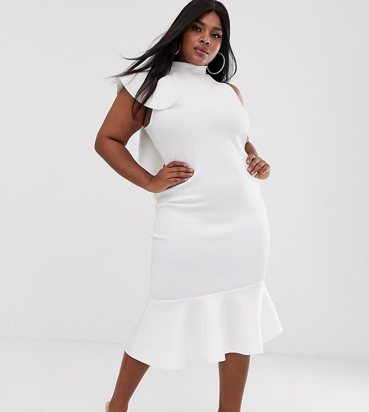 Asos Design Curve One Shoulder Halter Ruffle Midi Dress - White