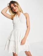 Miss Selfridge Broderie Halter Shirred Waist Mini Dress In Ivory-white