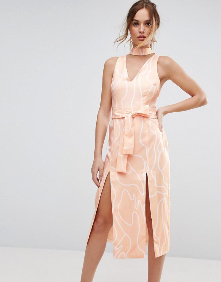 Lavish Alice Abstract Print Midi Dress With Double Split - Multi