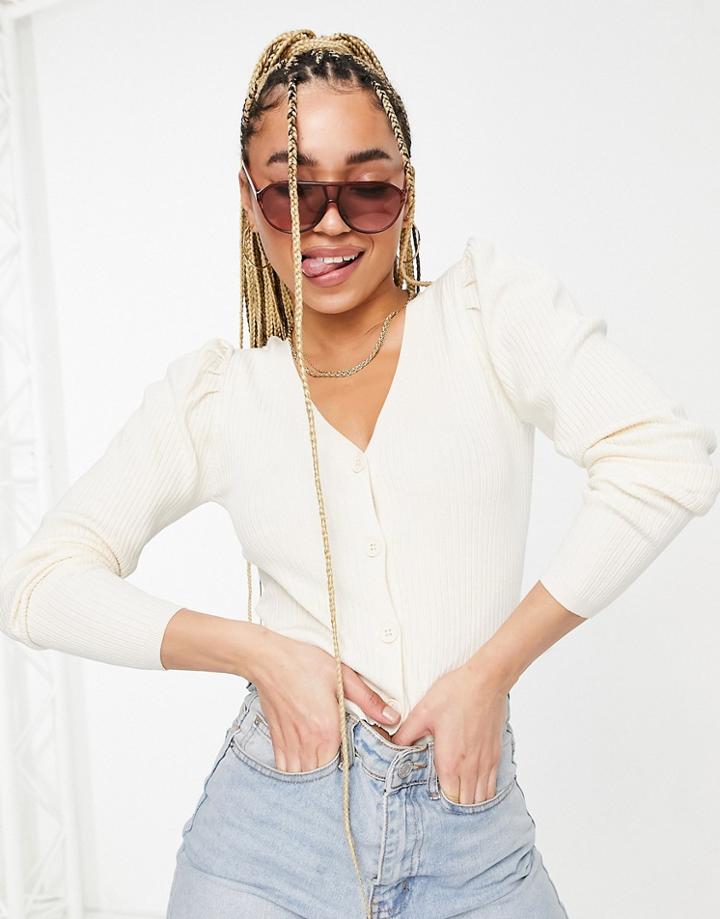 Na-kd Puff Sleeve Fitted Cardigan In Off White