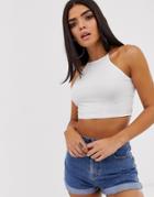 Asos Design Crop Top With High Neck And Skinny Straps In White
