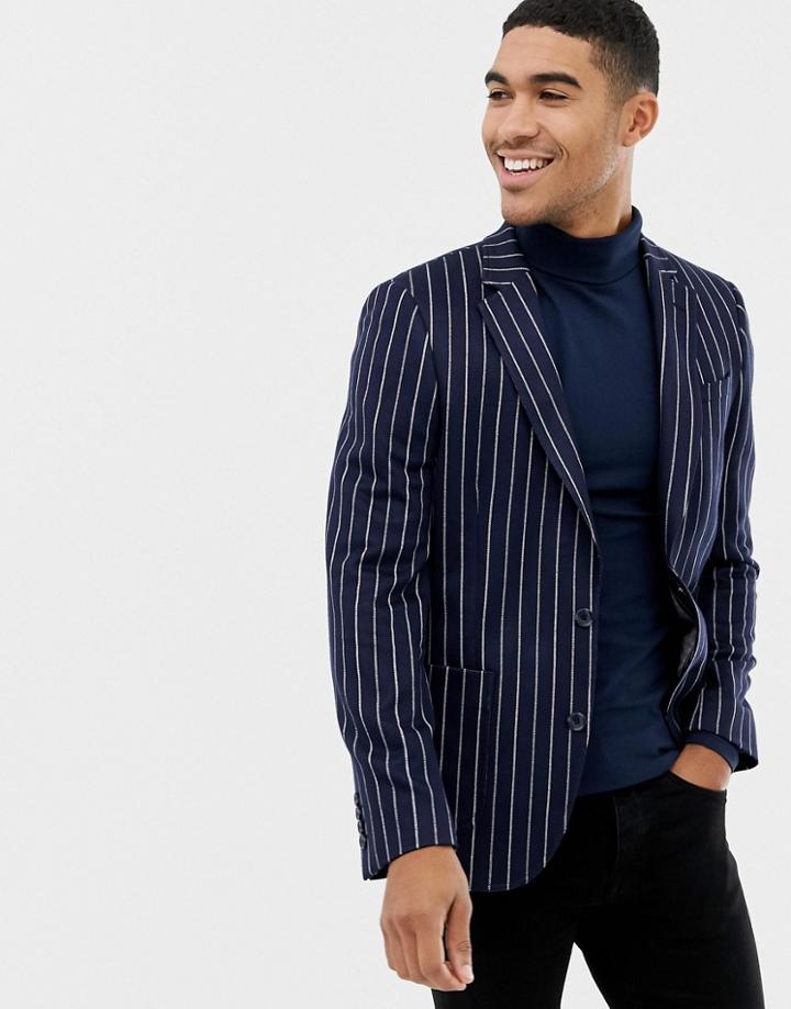 Asos Design Skinny Blazer In Navy Jersey Stripe - Navy