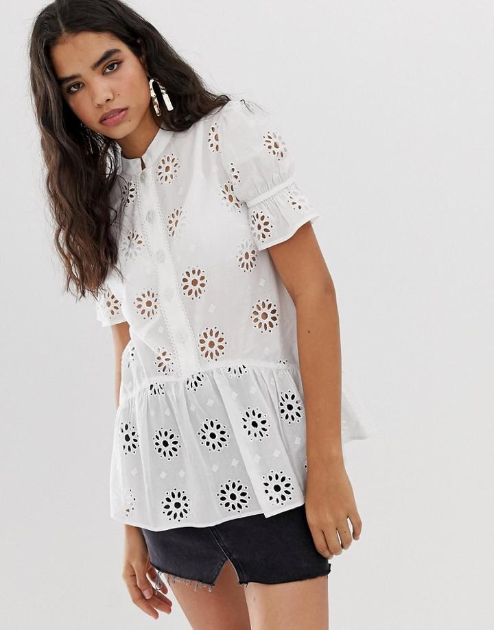 Miss Selfridge Broderie Shirt In White - Cream