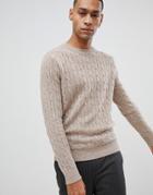 Moss London Lambswool Sweater With Cable Knit In Camel - Brown