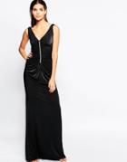 City Goddess Slinky Maxi Dress With Rhinestone Trim And Ruching Detail - Black