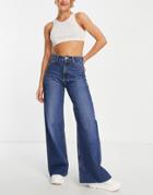 Bershka Wide Leg Jeans In Mid Blue