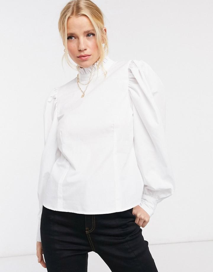 Asos Design Long Sleeve Cotton Top With Ruffle High Neck In White
