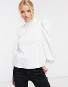 Asos Design Long Sleeve Cotton Top With Ruffle High Neck In White
