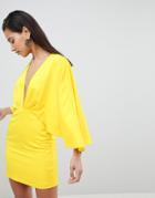 Asos Satin Cape Kimono Sleeve Deep Plunge Mini Dress - Yellow