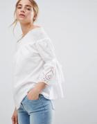 Influence Bardot Top With Broderie Sleeve Detail - White