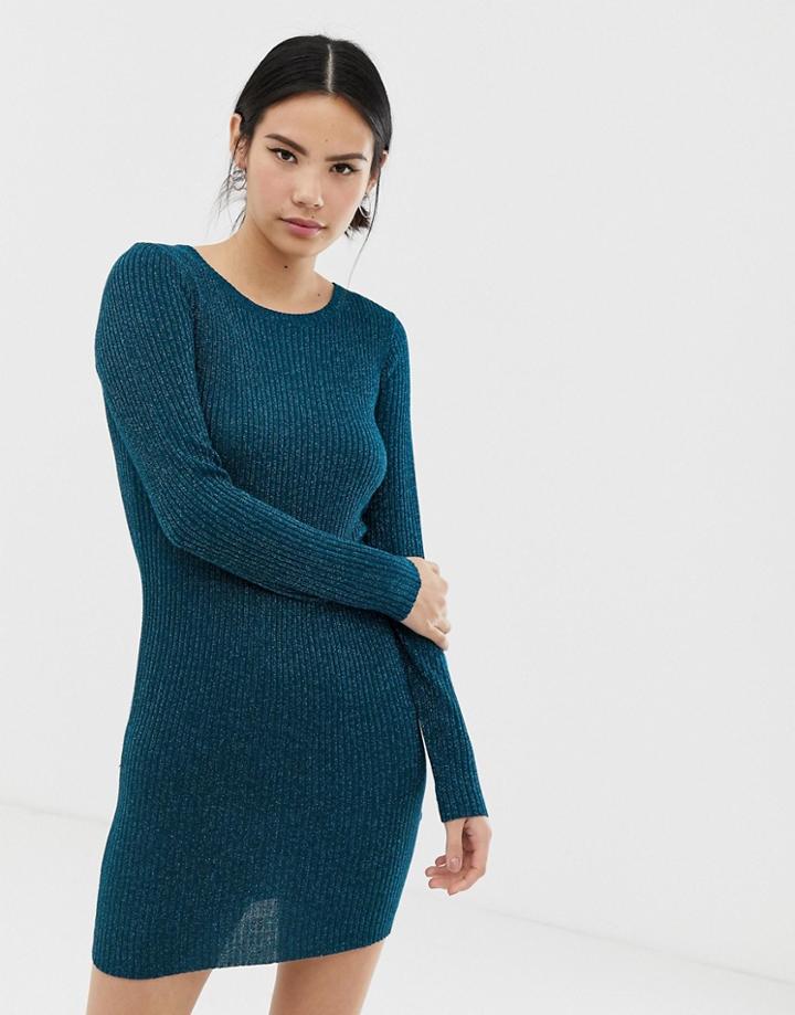 Brave Soul Chunky Cable Knit Sweater Dress In Teal-green