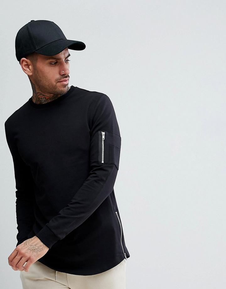 Asos Longline Muscle Sweatshirt With Ma1 Pocket And Curved Hem - Black