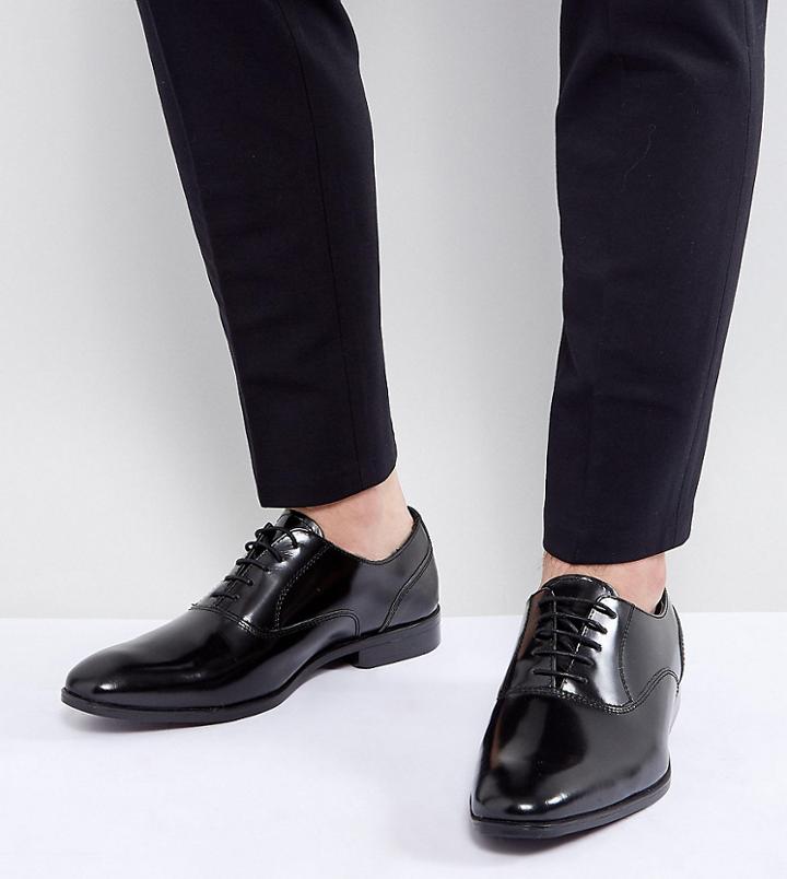 Asos Wide Fit Lace Up Oxford Shoes In Black Leather - Black