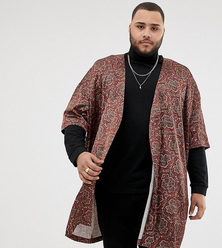 Asos Design Satin Paisley Tile Kimono - Red