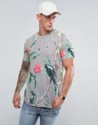 Asos Longline T-shirt With All Over Floral Print & Curved Hem - Gray