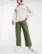 Asos Design Wide Fit Pants In Heavy Wash In Khaki-green