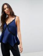 Asos Glam Satin Cami With Lace Detail - Navy
