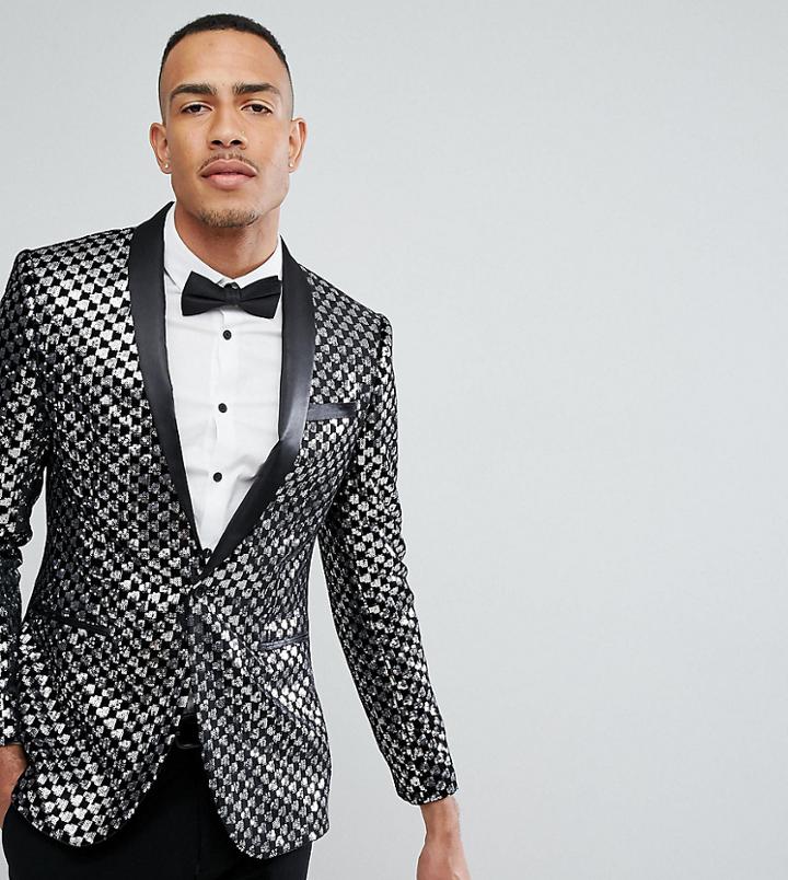 Asos Tall Skinny Blazer In Black Velvet With Silver Sequins - Silver