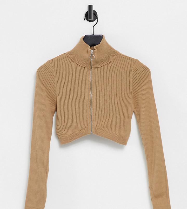 Asos Design Petite Zip Through Crop Cardigan In Camel-neutral