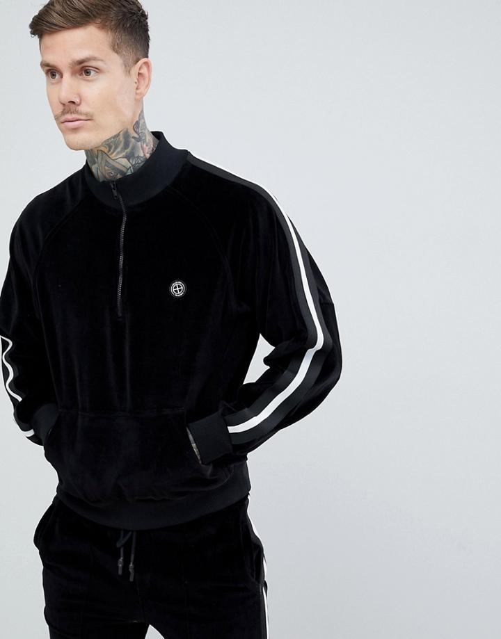 Religion Half Zip Sweatshirt In Black Velour - Black